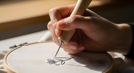 A close-up of a hand holding a wooden punch needle tool, meticulously creating a black flower design on white fabric. The fabric is stretched taut in an embroidery hoop, showcasing a moment of crafting, DIY hobby, or textile art.の素材