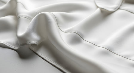 A close-up, macro shot of a luxurious white silk or satin fabric. The smooth, lustrous material is draped in soft folds, highlighting its shine and delicate texture. Fine stitching is visible along a seam, suggesting a high-quality garment.の素材