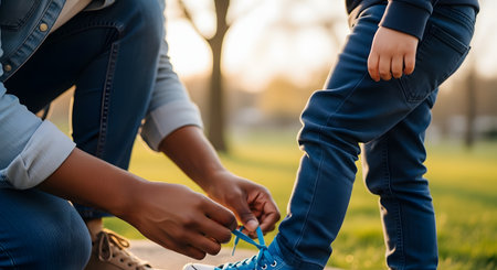 A caring parent kneels down to tie the shoelaces on their child's blue sneaker. This tender moment takes place outdoors in a park with warm sunset lighting, symbolizing love, care, support, and a child growing up.の素材