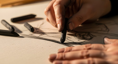A close-up of an artist's hands sketching on paper using a piece of compressed charcoal. The artist's fingers are smudged with black, showing the tactile process of creating a drawing in a studio.の素材