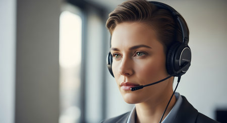 A close-up portrait of a professional woman with short hair wearing a headset with a microphone. She has a focused and serious expression, suggesting she works in a call center, customer service, or as a telemarketer in a modern office.の素材