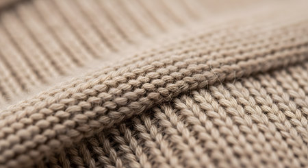 A close-up, macro photograph of a beige or light brown knitted fabric, likely a sweater. The image highlights the intricate texture of the yarn, the garter stitch, and a raised seam. The soft, warm material conveys a sense of comfort and coziness.の素材