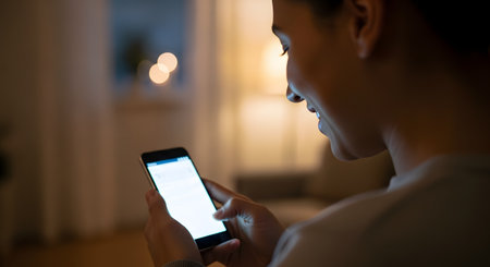 A woman smiles while looking at her smartphone in a dimly lit room at night, her face illuminated by the screen's glow. The scene suggests late-night texting, social media browsing, or online communication.の素材