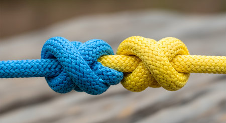 Two ropes, one blue and one yellow, are securely joined together by a strong knot, symbolizing unity, connection, and strength. The colors are reminiscent of the Ukrainian flag, suggesting support, partnership, and solidarity.の素材