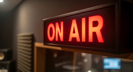 A glowing red 'ON AIR' sign is illuminated in a professional recording or radio broadcast studio. The background is softly blurred, showing acoustic foam panels, indicating a live session is in progress.の素材