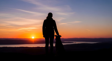 A silhouette of a woman and her dog standing on a hilltop,watching a vibrant sunset or sunrise. The sun is on the horizon,casting orange and purple light over a landscape of hills and water.の素材
