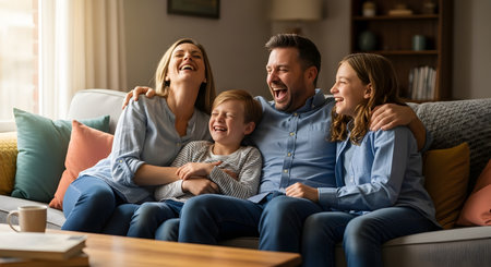 A cheerful, caucasian family of four is sitting on a gray sofa in their modern living room, laughing out loud together. The father has his arms around his wife and daughter, while the young son laughs in his mother's lap. The scene portrays joy, bonding, and happiness at home.の素材