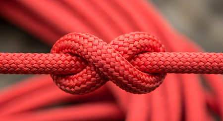 A macro shot focuses on a perfectly tied figure-eight knot in a thick, braided red rope. The image symbolizes strength, connection, security, reliability, and concepts of bonding or being tied together.の素材