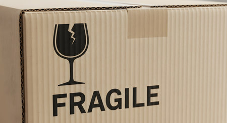 A close-up of a brown corrugated cardboard box with a 'FRAGILE' warning printed in bold black text. Above the text is the standard international symbol of a cracked wine glass, indicating the contents are breakable and should be handled with care.の素材