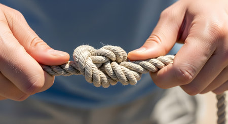 A close-up of a man's hands pulling taut to tighten a figure-eight knot in a thick,braided rope. The image focuses on the knot and the tension in the hands,with a blurred outdoor background.の素材