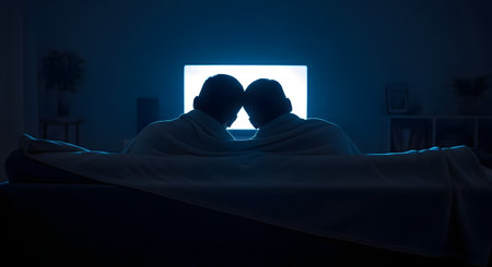From behind, the silhouette of a couple is seen cuddling together under a single blanket on a sofa. They are in a dark room, intimately watching a brightly glowing television screen, representing a cozy movie night at home.の素材