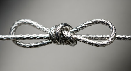 A close-up macro shot of a figure-eight knot tied securely in a braided steel wire cable against a smooth, grey background. The image symbolizes strength, connection, security, and reliability.の素材