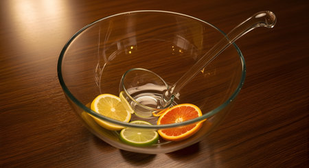 An empty glass punch bowl with a ladle sits on a wooden table, containing fresh slices of orange, lemon, and lime. This image represents preparation for a party, celebration, or gathering where refreshments will be served.の素材