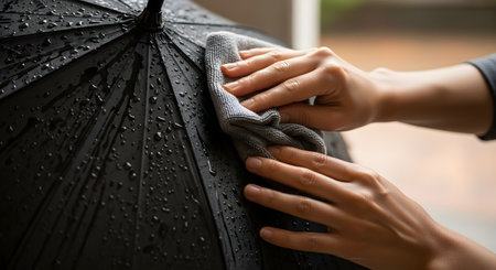 A person's hands are carefully wiping water droplets off a wet black umbrella with a grey microfiber cloth. This close-up shot shows the act of cleaning and taking care of personal belongings after a rain.の素材