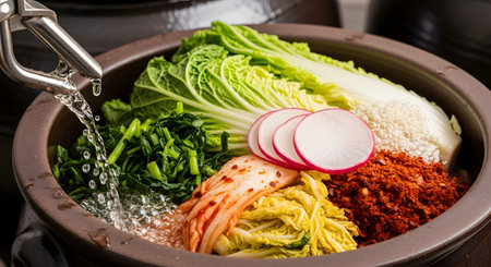 Fresh ingredients for making traditional Korean kimchi are arranged in a large earthenware pot (onggi). Napa cabbage, radish, chili powder, and greens are shown as water is being added, highlighting the preparation process of this fermented dish.の素材