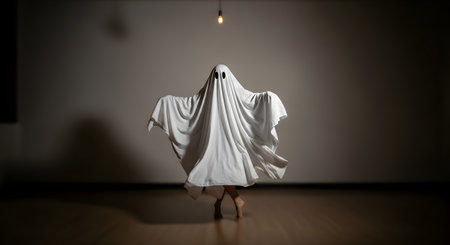 A person wearing a classic white sheet ghost costume, complete with eyeholes, dances or poses in a dark, empty room. The scene is lit by a single bare lightbulb hanging from the ceiling, creating a spooky and minimalist atmosphere. The person's bare feet are visible at the bottom.の素材