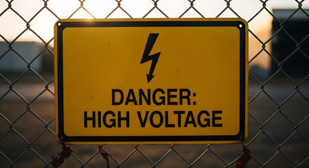 A yellow 'DANGER: HIGH VOLTAGE' sign with a black lightning bolt symbol is attached to a chain-link fence. The background is blurred, showing an industrial area or substation at sunset. The sign serves as a critical safety warning.の素材