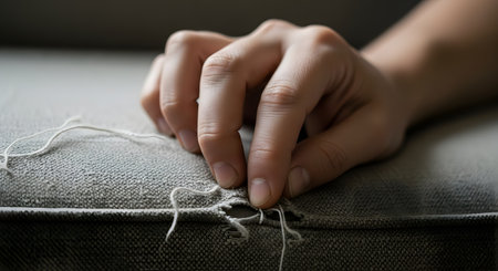 A close-up of a person's hand picking at a loose thread from a hole in a gray fabric couch or cushion. The image conveys concepts of wear and tear, damage, imperfection, or anxiety.の素材