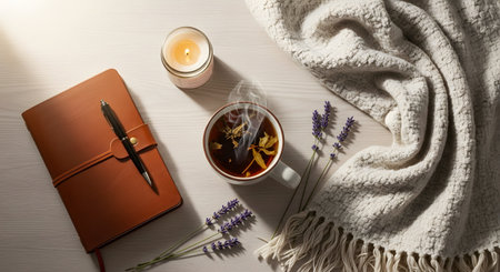 A calming and cozy flat lay scene on a light wooden surface. It features a steaming cup of herbal tea, a brown leather journal with a pen, a lit candle, sprigs of lavender, and a soft woven blanket, evoking a sense of relaxation and self-care.の素材