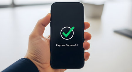 A person's hand is holding a smartphone displaying a 'Payment Successful' message with a green checkmark icon. The image signifies a completed online transaction, e-commerce purchase, or successful mobile banking operation.の素材