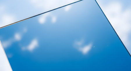 The reflection of a clear blue sky with soft white clouds is captured on a clean, angled mirror or glass surface. This abstract image creates a sense of serenity, clarity, and minimalism.の素材