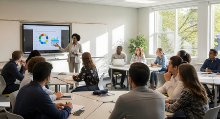 A Black businesswoman or teacher gives a presentation in a modern, sunlit classroom or conference room. She is pointing to a large interactive whiteboard that displays a colorful pie chart and other data. A diverse group of students or young professionals is seated at tables, listening attentively.の素材