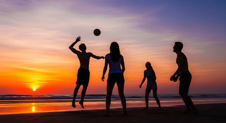 A silhouette of four young friends playing volleyball on a beach during a vibrant sunset. One player is jumping to hit the ball. The sun is low on the horizon, casting a beautiful orange and purple glow, and reflecting on the wet sand.の素材