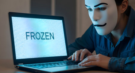 An anonymous person wearing a white mask sits in the dark in front of a laptop. The laptop screen shows static and the word FROZEN" symbolizing a computer crashcyber attackor ransomware."の素材