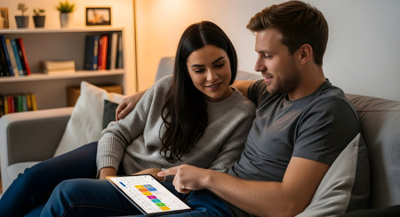 A young couple is relaxing on a comfortable sofa at home, looking at a digital tablet together. The man is pointing at the screen, and they both seem engaged and happy, suggesting online shopping, planning, or entertainment.の素材