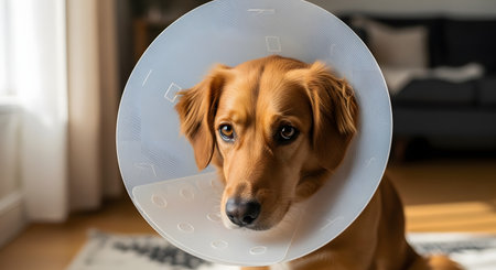 A golden-colored dog with soulful eyes wears a translucent Elizabethan collar, commonly known as a cone of shame. The dog looks sad and is recovering indoors, representing pet care, veterinary treatment, and animal health.の素材
