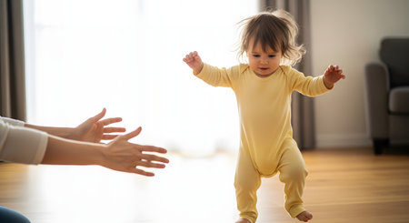 An adorable baby in a yellow onesie is taking its first wobbly steps on a wooden floor, reaching towards its mother's encouraging, outstretched hands. This tender moment captures a significant childhood milestone, growth, and parental love.の素材