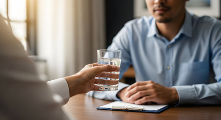 In a professional setting, one person's hand offers a glass of water to another person sitting at a desk with a clipboard. This gesture can represent hospitality, care, a job interview, or a therapy session.の素材