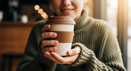 A woman wearing a cozy green sweater holds a reusable coffee cup with both hands. The warm, inviting atmosphere of a cafe is suggested by the soft lighting, promoting sustainability and enjoying a warm beverage.の素材