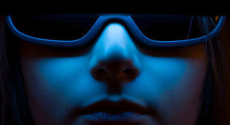 An extreme close-up of the lower half of a woman's face, illuminated by a cool blue light. She is wearing glasses, creating a mysterious, futuristic, or cinematic mood, possibly related to watching a movie or experiencing technology.の素材