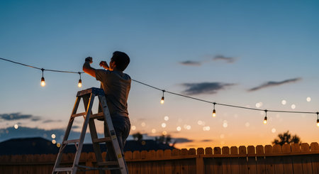 A man stands on a stepladder in a backyard, hanging up a string of glowing party lights against a beautiful dusk sky. This scene represents home improvement, preparation for a gathering, and creating a cozy outdoor ambiance.の素材