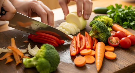 A close-up of a person's hands skillfully using a chef's knife to chop a variety of fresh vegetables on a wooden cutting board. The colorful ingredients, including bell peppers, onions, carrots, and broccoli, represent healthy eating, cooking, and meal preparation.の素材