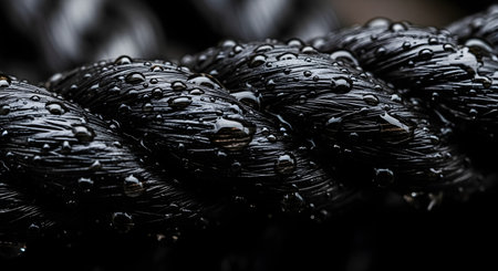 A dramatic macro, close-up shot of a thick, black, twisted rope covered in glistening water droplets. The dark, textured surface of the synthetic or natural fiber rope is highlighted by the reflections in the water.の素材