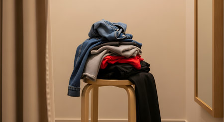 A pile of folded and unfolded clothes,including a denim jacket,sweaters,and t-shirts,rests on a wooden stool in a store's fitting room or dressing room. A curtain and mirror are partially visible.の素材