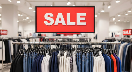 A bright red "SALE" sign hangs above racks of clothing in a brightly lit retail store. The foreground shows jeans and shirts on hangers, with more clothing and another sale sign blurred in the background, representing shopping and discounts.の素材