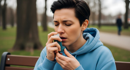 A woman with short hair wearing a blue hoodie is sitting on a park bench and using an asthma inhaler. She has her eyes closed, suggesting she is experiencing shortness of breath or an allergy attack. This image represents managing a chronic respiratory condition.の素材