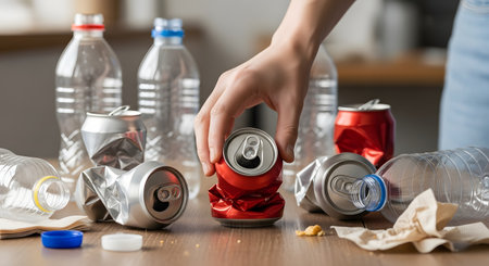 A person's hand picks up a crushed red aluminum can from a table littered with other recyclable materials, including plastic bottles and crushed silver cans. This scene represents the act of sorting waste for recycling and environmental conservation.の素材