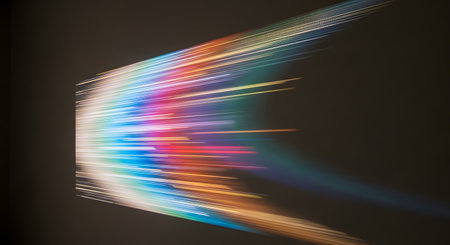 An abstract background image of colorful light streaks, including blue, red, yellow, and green, moving horizontally from a bright point on the left. The long exposure effect creates a sense of speed, data transfer, and futuristic technology on a dark backdrop.の素材