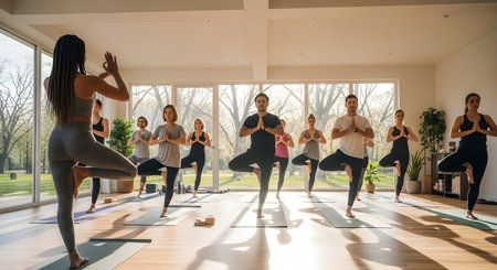 A diverse group of men and women participate in a yoga class, led by a female instructor at the front. They are all standing on yoga mats in 'tree pose' in a bright, sunlit studio with large windows overlooking a park. The scene conveys wellness, mindfulness, and group fitness.の素材
