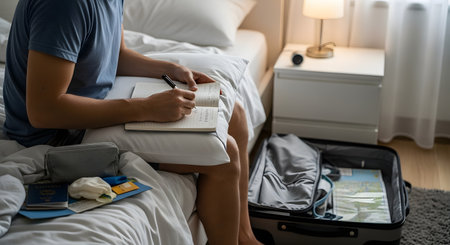A man sits on a messy bed, writing in a notebook or journal with a pen. He is surrounded by travel items, including an open suitcase with a map, a passport, and a small bag. He appears to be planning a trip or writing in a travel diary.の素材