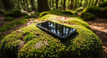 A black smartphone rests on a bright green, moss-covered rock in a sunlit forest. The image contrasts modern technology with the natural world, suggesting concepts like digital detox or connectivity in nature.の素材