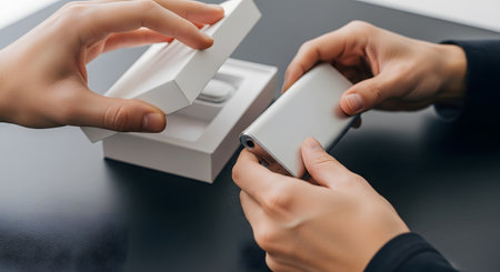 A pair of hands is shown carefully unboxing a new, sleek silver electronic device from its minimalist white packaging. This image represents the excitement of a new purchase, modern technology, and the unboxing experience.の素材