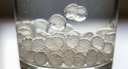 A macro close-up of clear,translucent gel balls (orbeez) submerged in a glass of water. Tiny air bubbles are attached to the spheres,which are piled at the bottom of the glass.の素材