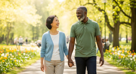A happy, mature couple holds hands while walking through a sunny park in the spring. The smiling Asian woman and Black man are looking at each other, enjoying a walk on a path lined with trees and colorful flowers.の素材