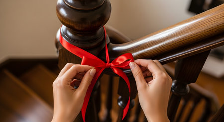 Close-up of a woman's hands tying a large, red satin ribbon into a beautiful bow around a dark wooden banister of a staircase. This is likely a decoration for a holiday, celebration, or a welcome-home surprise.の素材