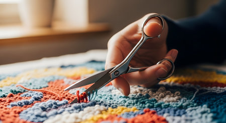 A close-up of a hand holding small scissors to cut a thread on a colorful, textured handmade rug or tapestry. This image highlights the process of crafting, hobbies like punch needle or latch hooking, and the final details of a DIY project.の素材